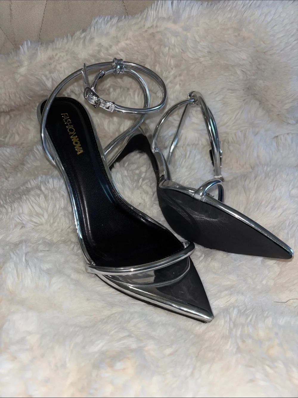 Fashion Nova Metallic Silver Pointed Toe Ankle-Strap Heels